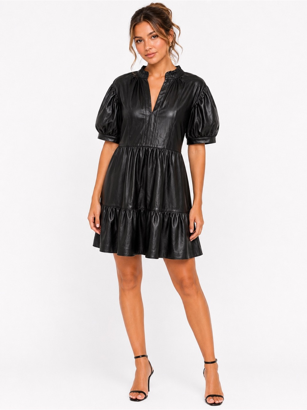 NWT Studio EY Size Large Black Faux Leather Puff-Sleeve Tiered Mini Dress by‎